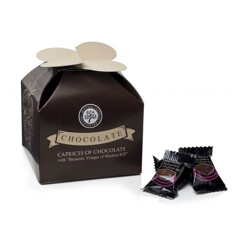 Confezione regalo di Cioccolatini finissimi fondenti con cuore di Aceto Balsamico di Modena IGP Acetaia Castelli 200g